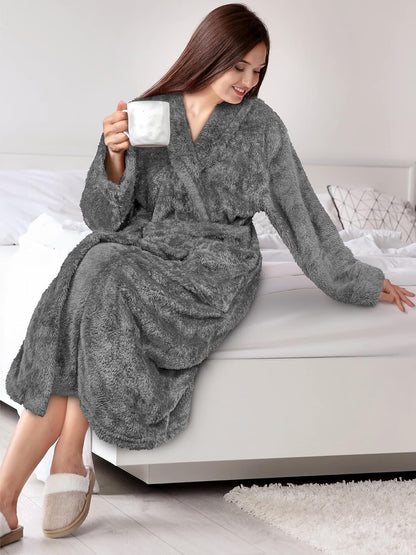 Premium Womens Plush Soft Robe Fluffy, Warm, Fleece Sherpa Shaggy Bathrobe