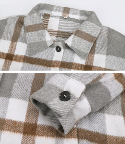 Womens Casual Plaid Shackets Brushed Flannel Button Down Shirt Jacket Coats with Side Pockets