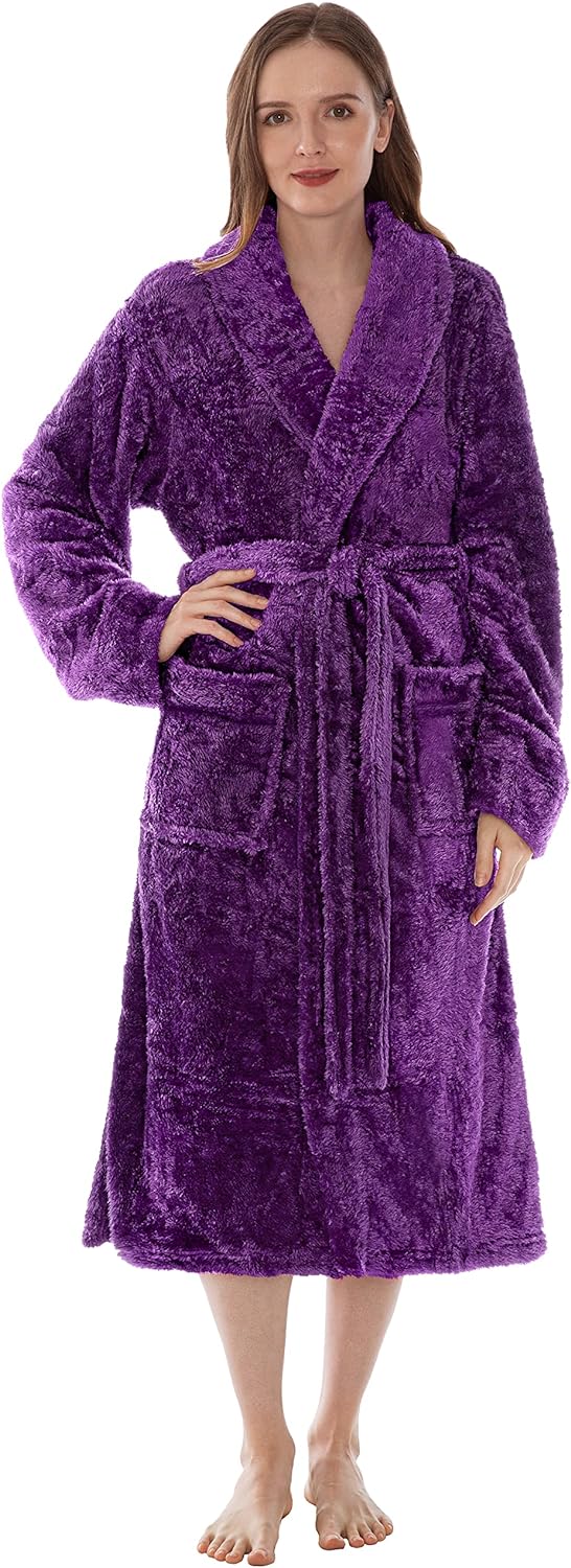 Premium Womens Plush Soft Robe Fluffy, Warm, Fleece Sherpa Shaggy Bathrobe
