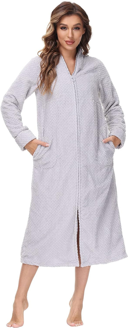Embossed Plush Front Zipper Robe for Women - Full-Length Housecoat - Ladies Bathrobe with Pocket, Collar & Cuff, Chalky Rose, XS