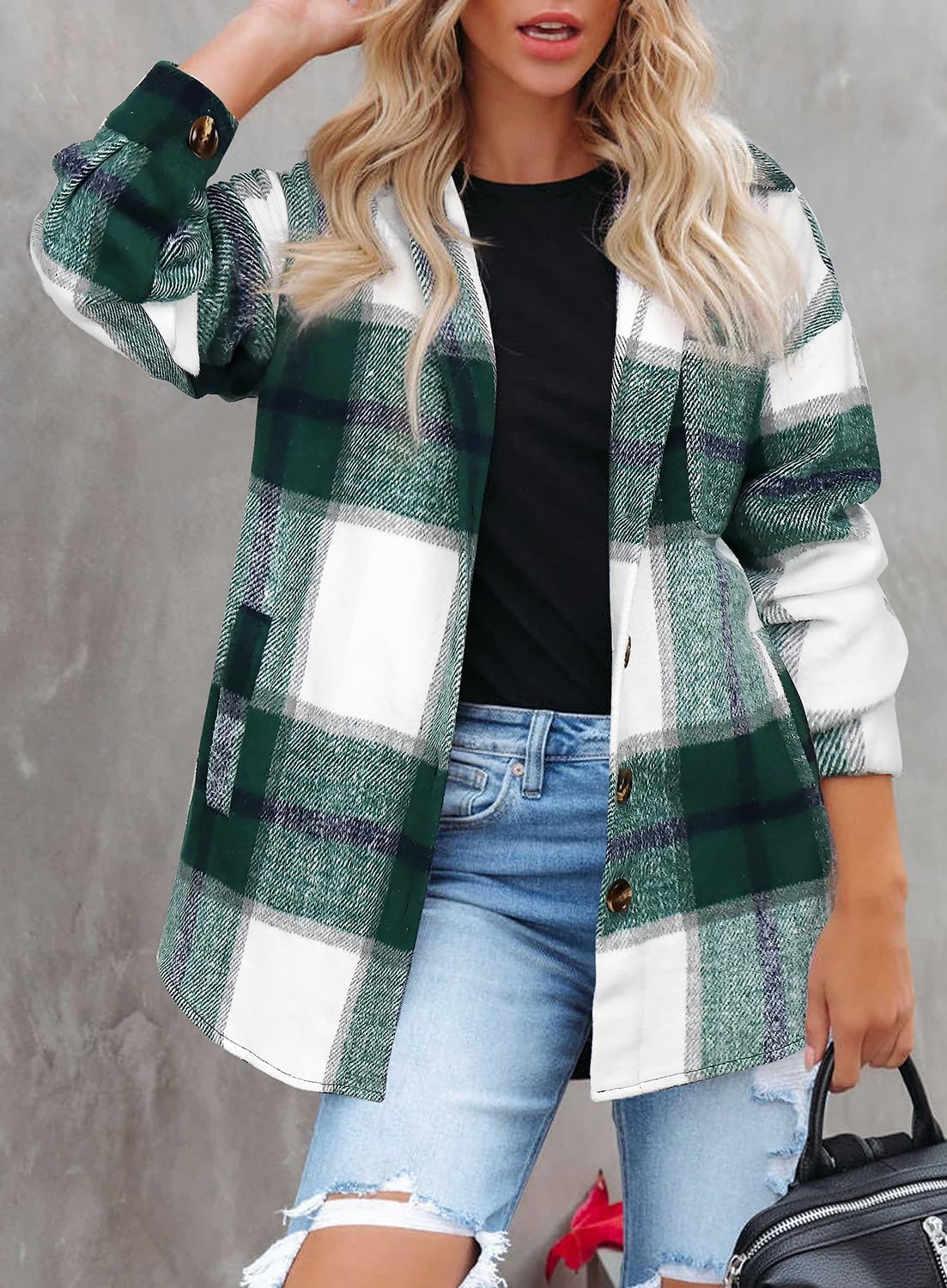 Womens Casual Plaid Shackets Brushed Flannel Button Down Shirt Jacket Coats with Side Pockets