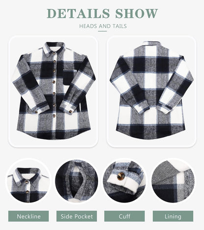 Womens Casual Plaid Shackets Brushed Flannel Button Down Shirt Jacket Coats with Side Pockets
