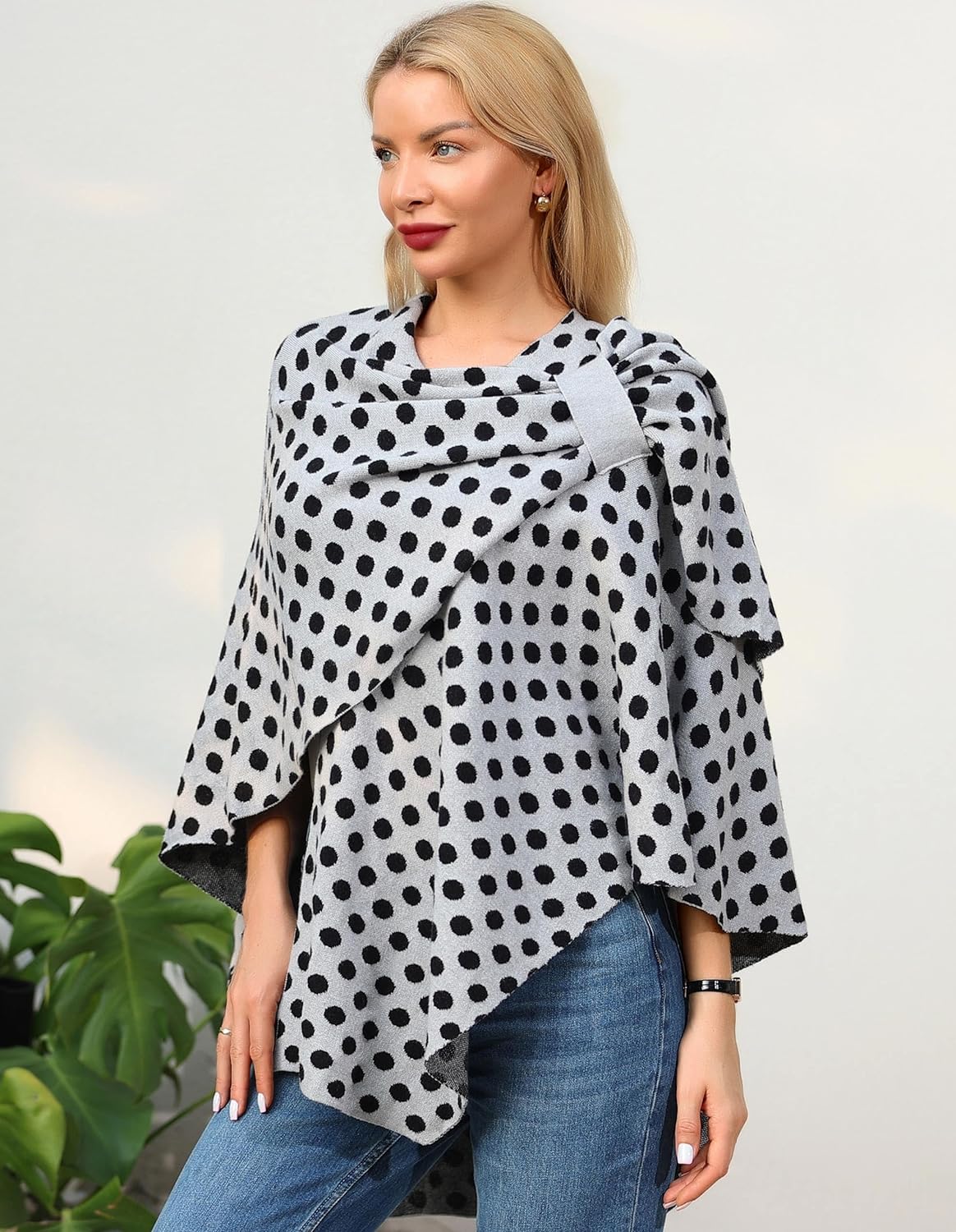 Womens Large Cross Front Poncho Sweater Wrap Topper Knitted Elegant Shawls Cape for Fall Winter