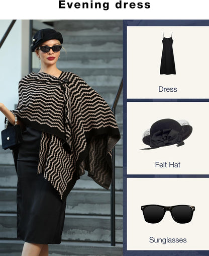 Womens Large Cross Front Poncho Sweater Wrap Topper Knitted Elegant Shawls Cape for Fall Winter