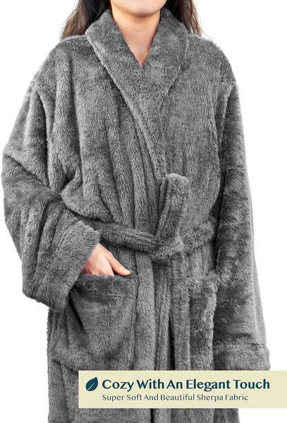 Premium Womens Plush Soft Robe Fluffy, Warm, Fleece Sherpa Shaggy Bathrobe