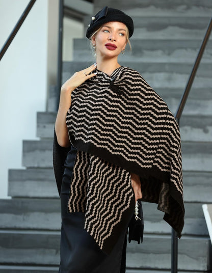 Womens Large Cross Front Poncho Sweater Wrap Topper Knitted Elegant Shawls Cape for Fall Winter