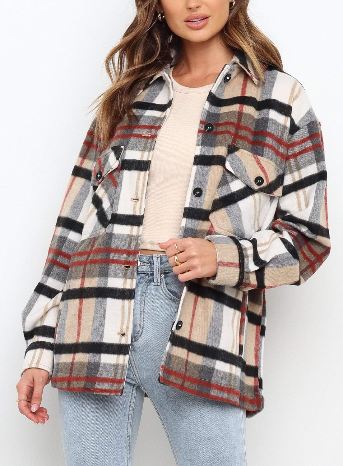 Womens Casual Plaid Shackets Brushed Flannel Button Down Shirt Jacket Coats with Side Pockets