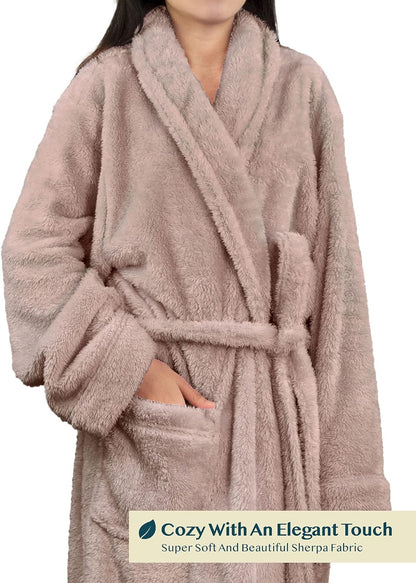 Premium Womens Plush Soft Robe Fluffy, Warm, Fleece Sherpa Shaggy Bathrobe