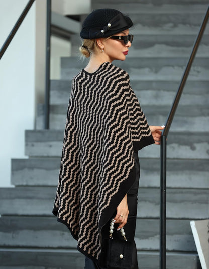 Womens Large Cross Front Poncho Sweater Wrap Topper Knitted Elegant Shawls Cape for Fall Winter