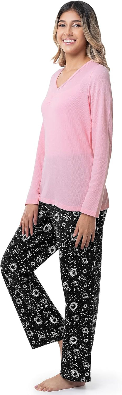Fruit of the Loom Women's Waffle V-Neck Top and Flannel Pant Sleep Set