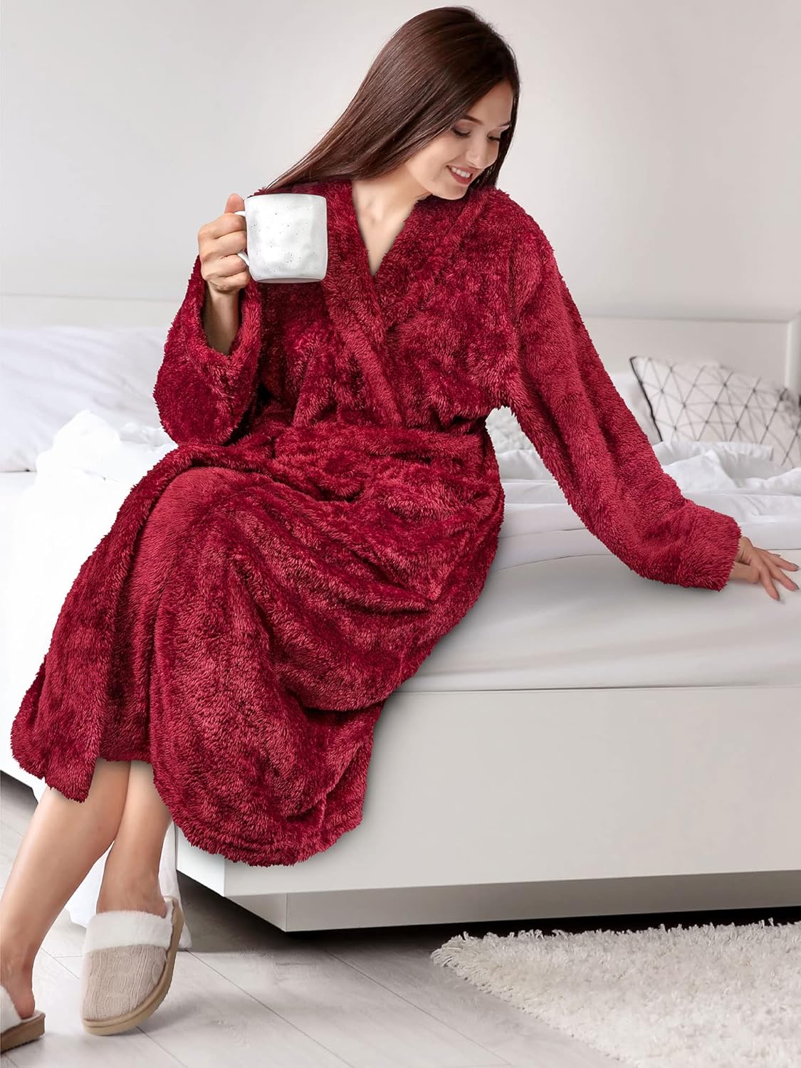 Premium Womens Plush Soft Robe Fluffy, Warm, Fleece Sherpa Shaggy Bathrobe