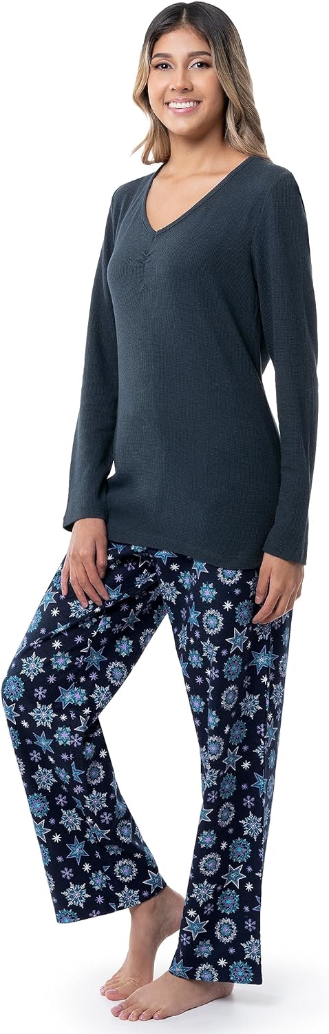 Fruit of the Loom Women's Waffle V-Neck Top and Flannel Pant Sleep Set