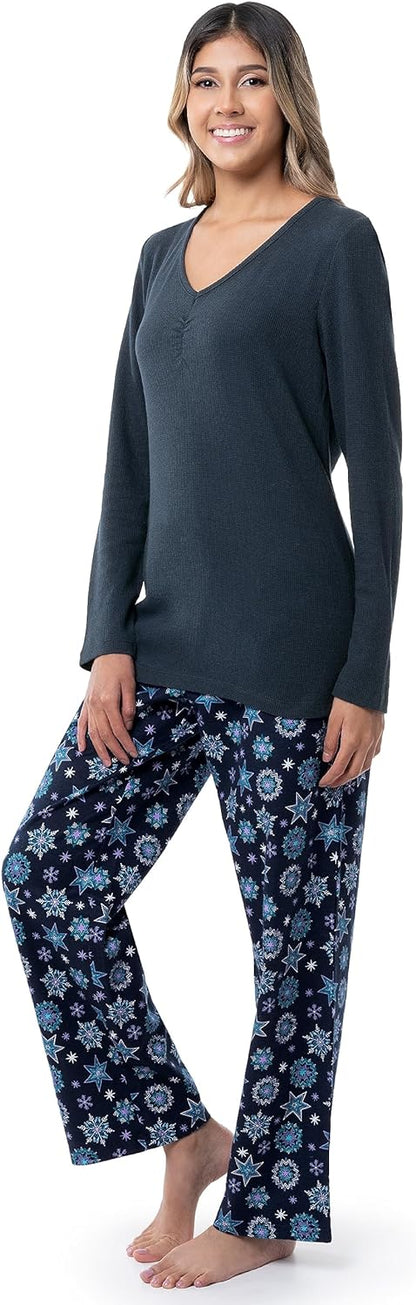 Fruit of the Loom Women's Waffle V-Neck Top and Flannel Pant Sleep Set