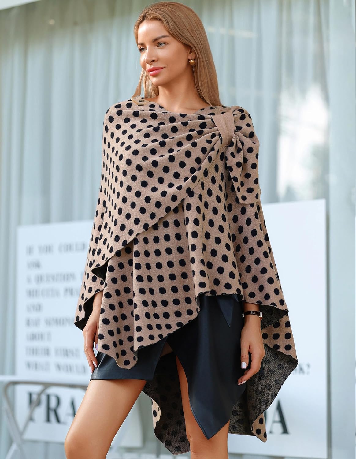 Womens Large Cross Front Poncho Sweater Wrap Topper Knitted Elegant Shawls Cape for Fall Winter
