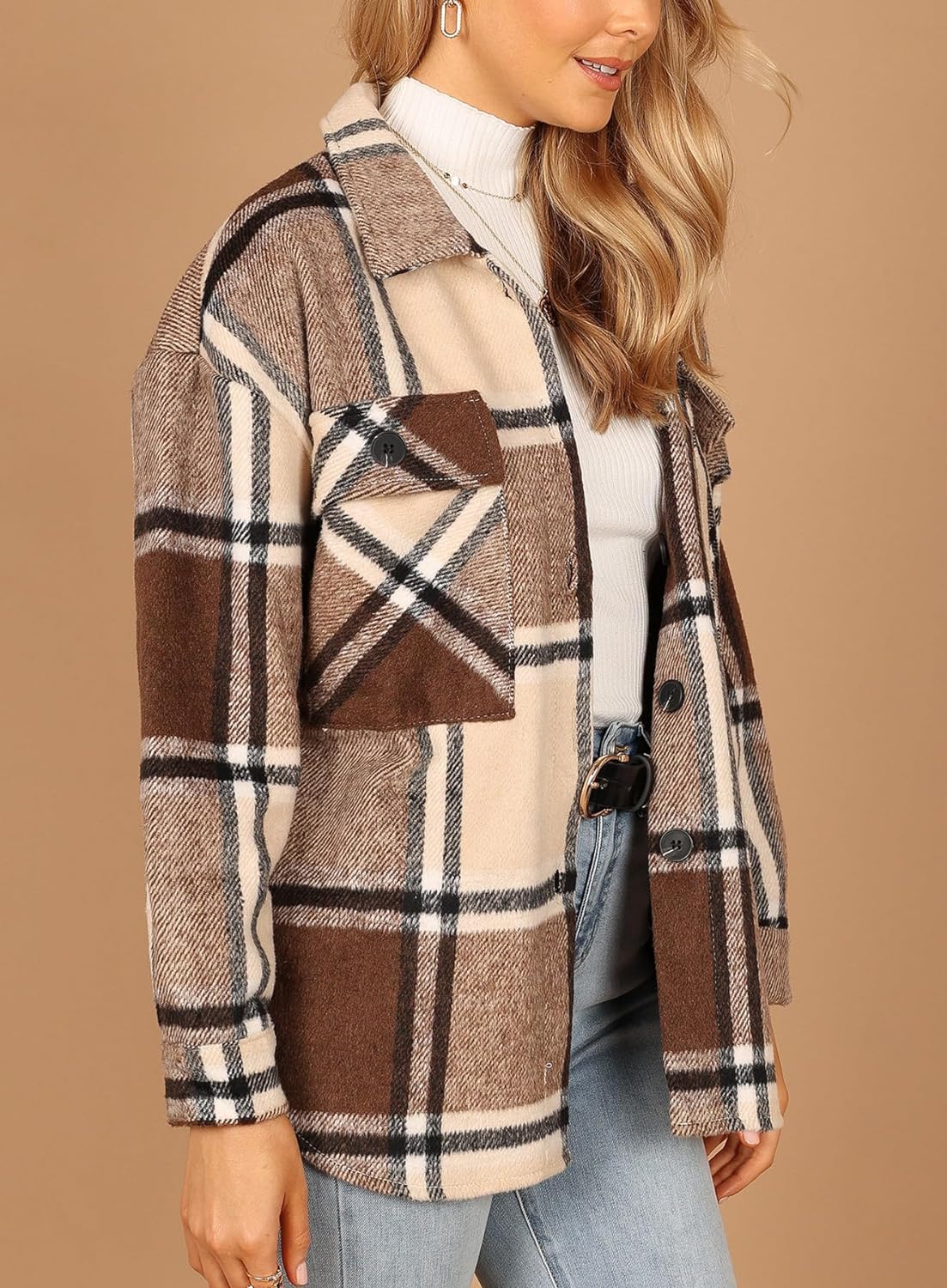 Womens Casual Plaid Shackets Brushed Flannel Button Down Shirt Jacket Coats with Side Pockets