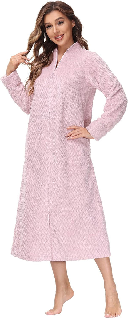 Embossed Plush Front Zipper Robe for Women - Full-Length Housecoat - Ladies Bathrobe with Pocket, Collar & Cuff, Chalky Rose, XS