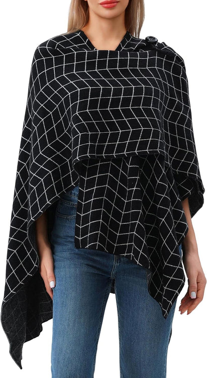 Womens Large Cross Front Poncho Sweater Wrap Topper Knitted Elegant Shawls Cape for Fall Winter