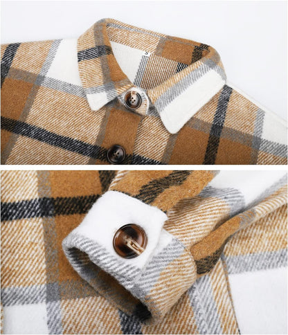 Womens Casual Plaid Shackets Brushed Flannel Button Down Shirt Jacket Coats with Side Pockets