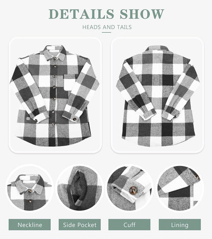 Womens Casual Plaid Shackets Brushed Flannel Button Down Shirt Jacket Coats with Side Pockets