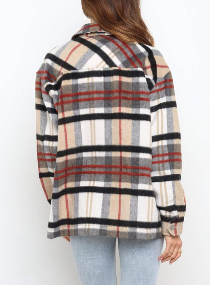 Womens Casual Plaid Shackets Brushed Flannel Button Down Shirt Jacket Coats with Side Pockets
