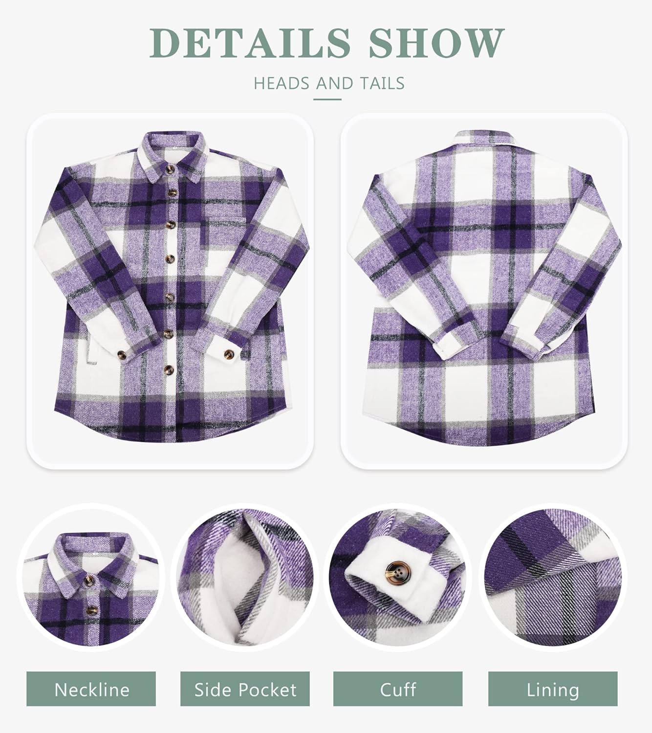Womens Casual Plaid Shackets Brushed Flannel Button Down Shirt Jacket Coats with Side Pockets
