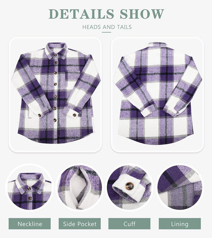 Womens Casual Plaid Shackets Brushed Flannel Button Down Shirt Jacket Coats with Side Pockets
