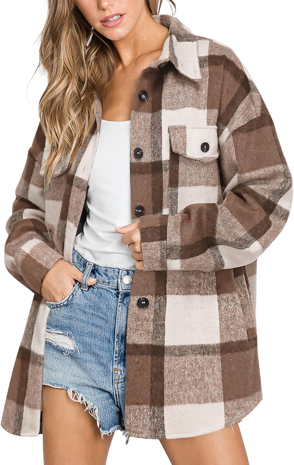 Womens Casual Plaid Shackets Brushed Flannel Button Down Shirt Jacket Coats with Side Pockets