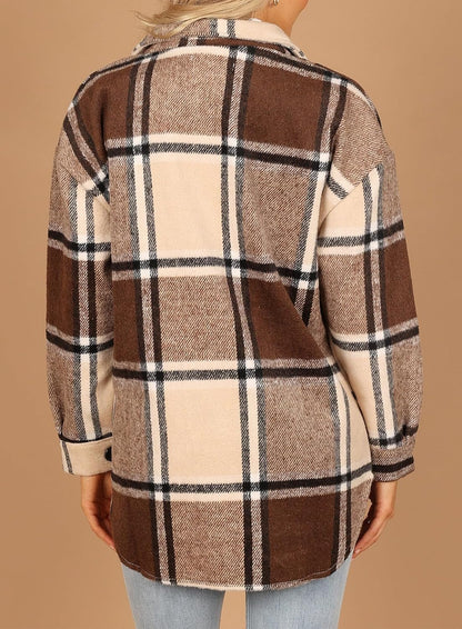 Womens Casual Plaid Shackets Brushed Flannel Button Down Shirt Jacket Coats with Side Pockets