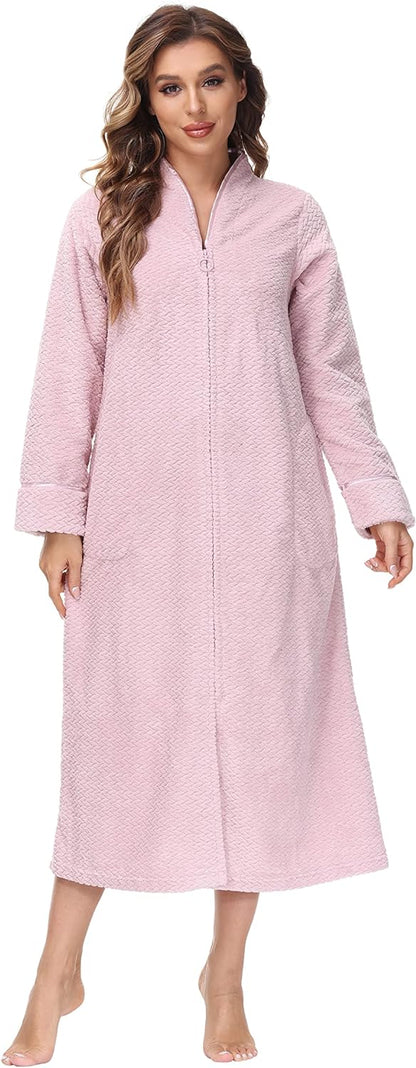 Embossed Plush Front Zipper Robe for Women - Full-Length Housecoat - Ladies Bathrobe with Pocket, Collar & Cuff, Chalky Rose, XS
