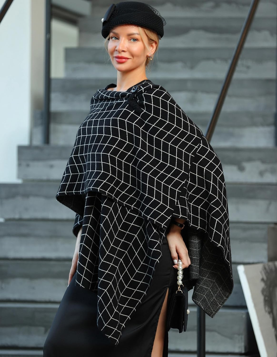 Womens Large Cross Front Poncho Sweater Wrap Topper Knitted Elegant Shawls Cape for Fall Winter
