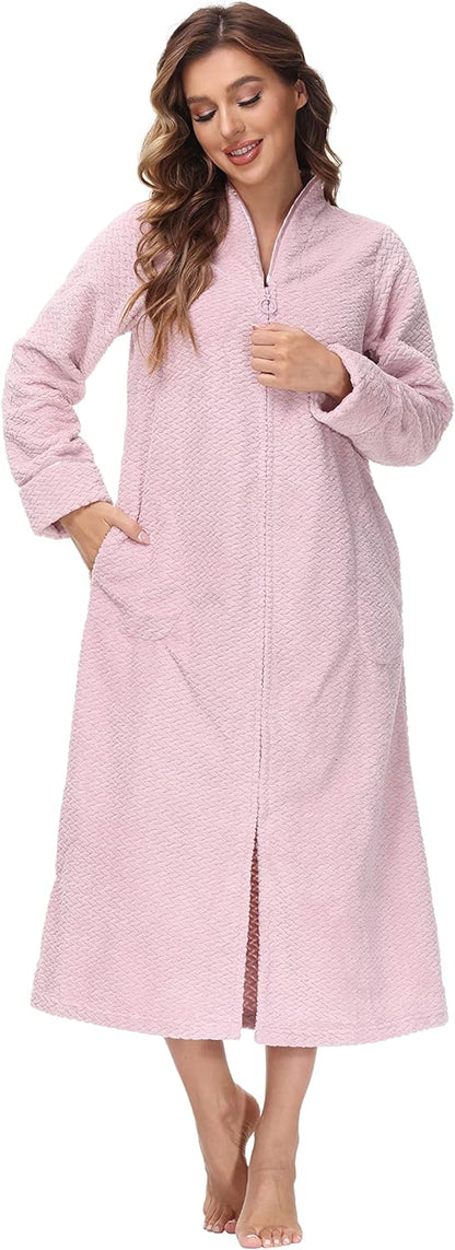 Embossed Plush Front Zipper Robe for Women - Full-Length Housecoat - Ladies Bathrobe with Pocket, Collar & Cuff, Chalky Rose, XS