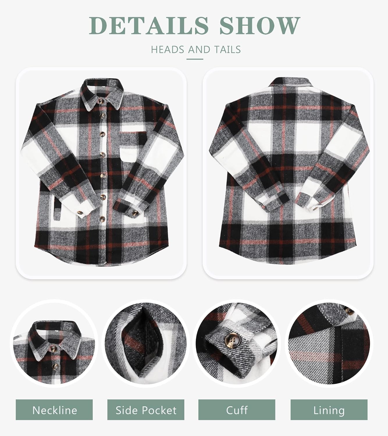 Womens Casual Plaid Shackets Brushed Flannel Button Down Shirt Jacket Coats with Side Pockets