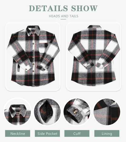 Womens Casual Plaid Shackets Brushed Flannel Button Down Shirt Jacket Coats with Side Pockets