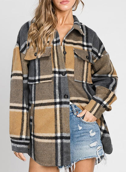 Womens Casual Plaid Shackets Brushed Flannel Button Down Shirt Jacket Coats with Side Pockets