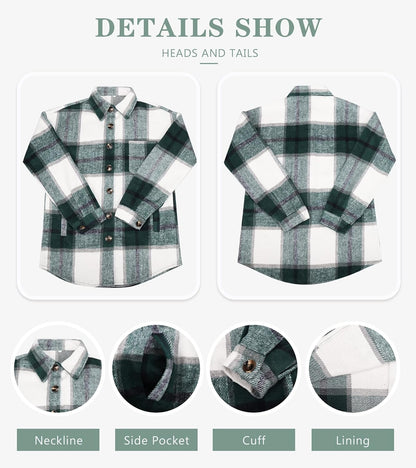 Womens Casual Plaid Shackets Brushed Flannel Button Down Shirt Jacket Coats with Side Pockets