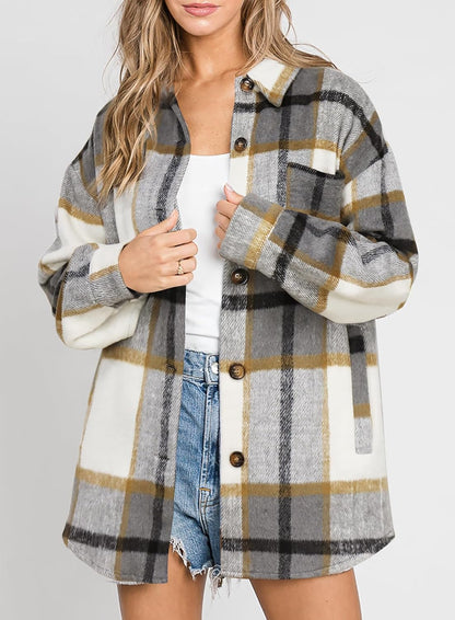 Womens Casual Plaid Shackets Brushed Flannel Button Down Shirt Jacket Coats with Side Pockets