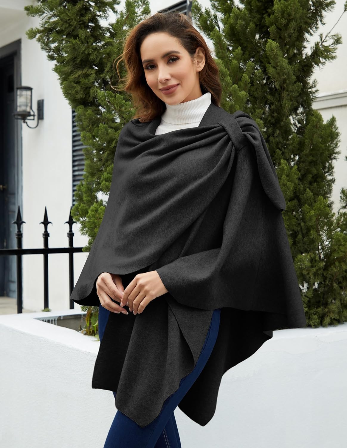 Womens Large Cross Front Poncho Sweater Wrap Topper Knitted Elegant Shawls Cape for Fall Winter