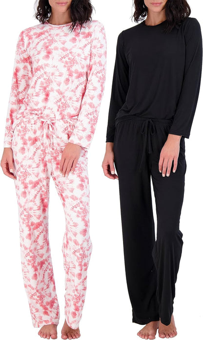 Real Essentials 2 Pack: Women’s Pajama Set Super-Soft Short & Long Sleeve Top With Pants (Available In Plus Size)