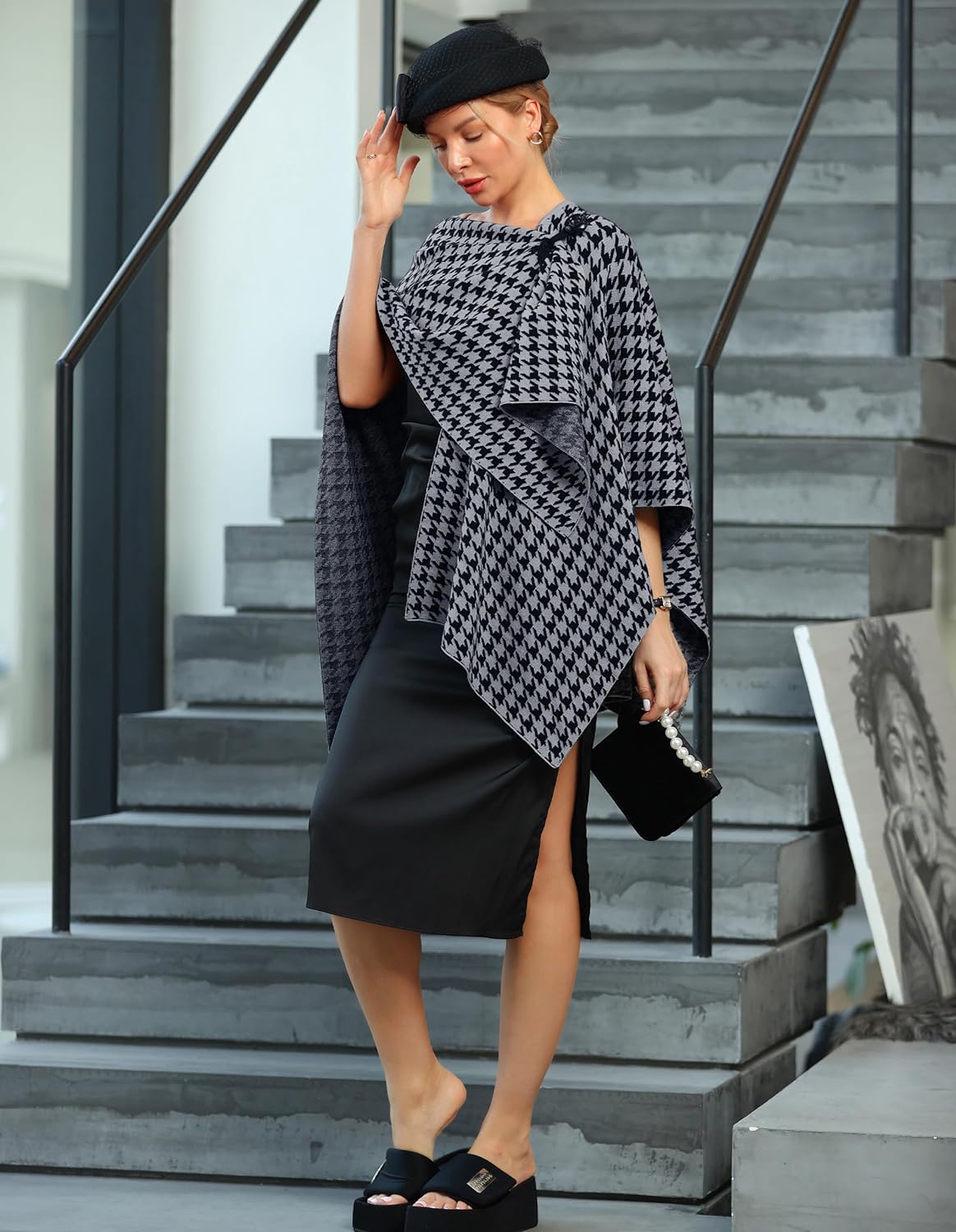 Womens Large Cross Front Poncho Sweater Wrap Topper Knitted Elegant Shawls Cape for Fall Winter