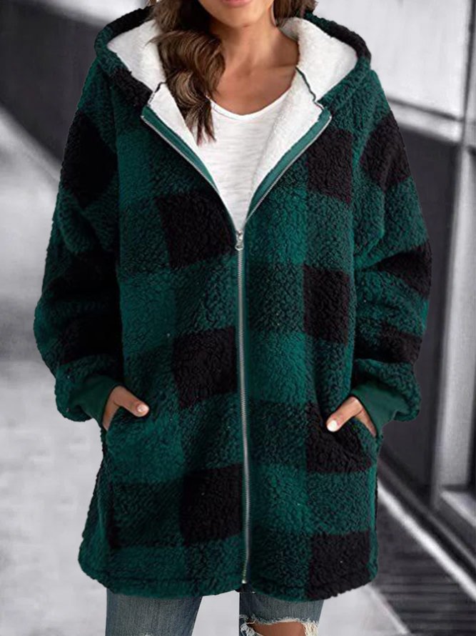HOODIE PLAID LOOSE OVERCOAT