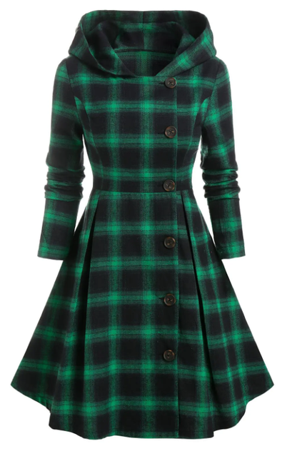 Hooded Single Breasted Plaid Skirted Coat