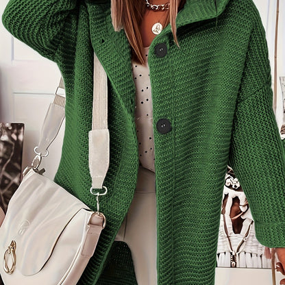 Plus Size Casual Cardigan, Women's Plus Solid Button Up Long Sleeve Hoodie Cardigan