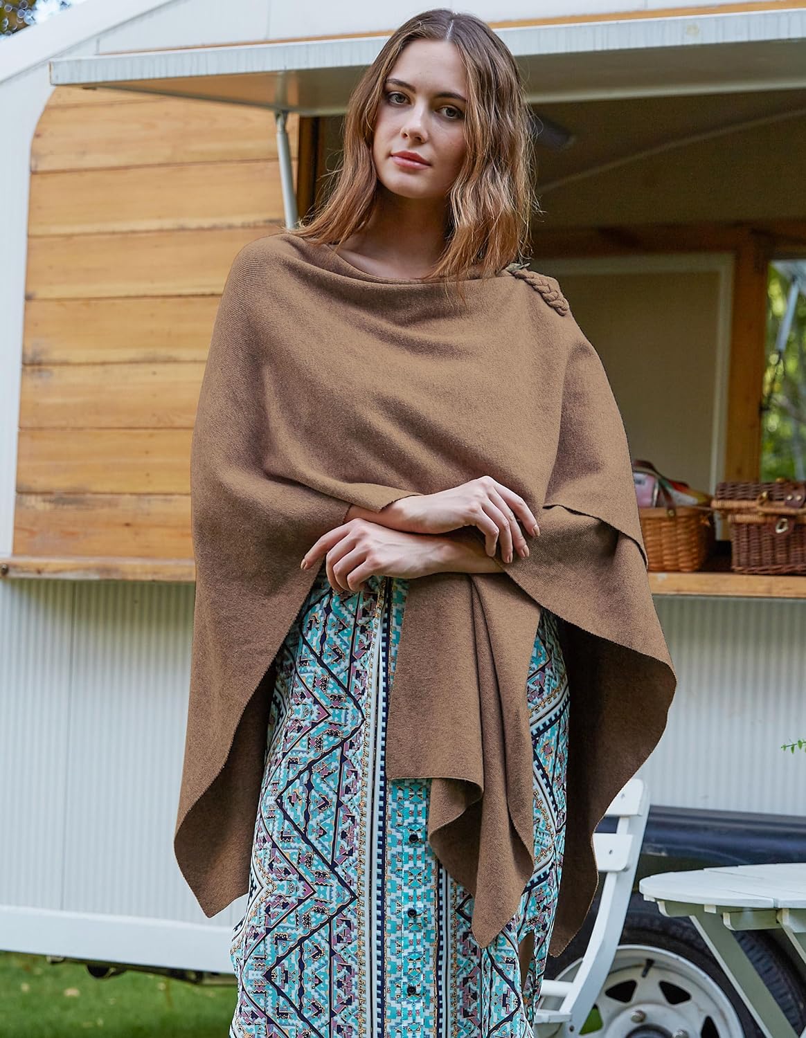 Womens Large Cross Front Poncho Sweater Wrap Topper Knitted Elegant Shawls Cape for Fall Winter