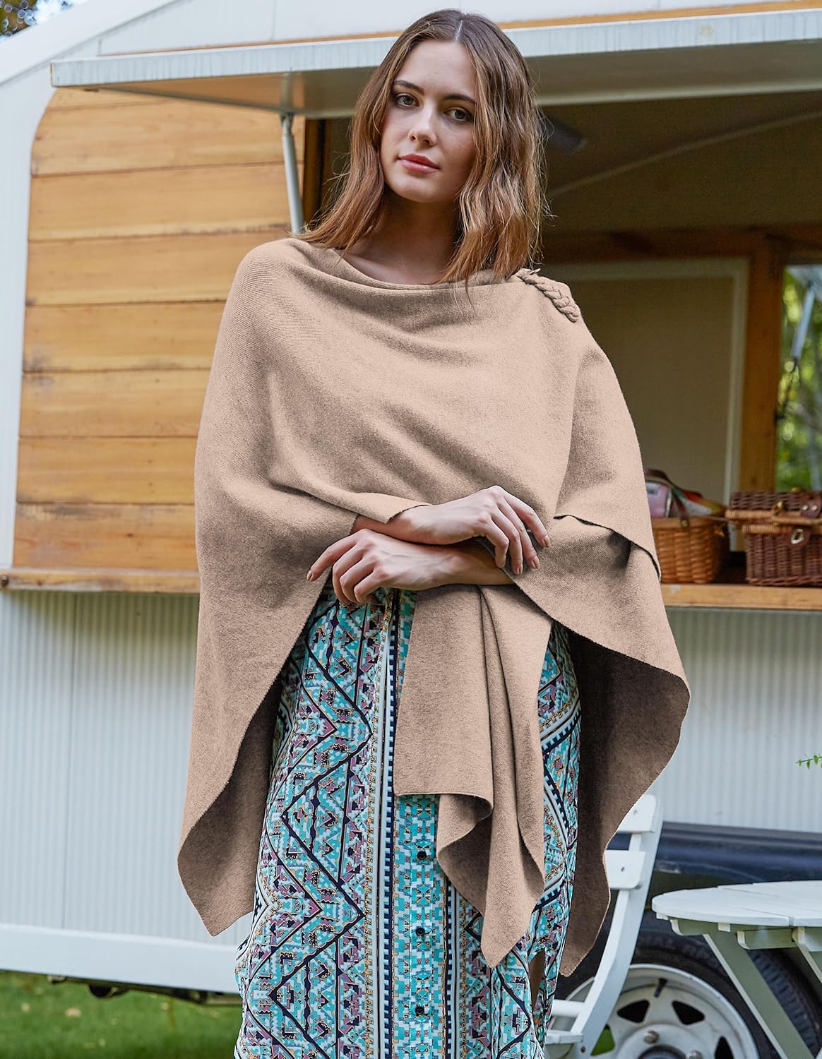Womens Large Cross Front Poncho Sweater Wrap Topper Knitted Elegant Shawls Cape for Fall Winter