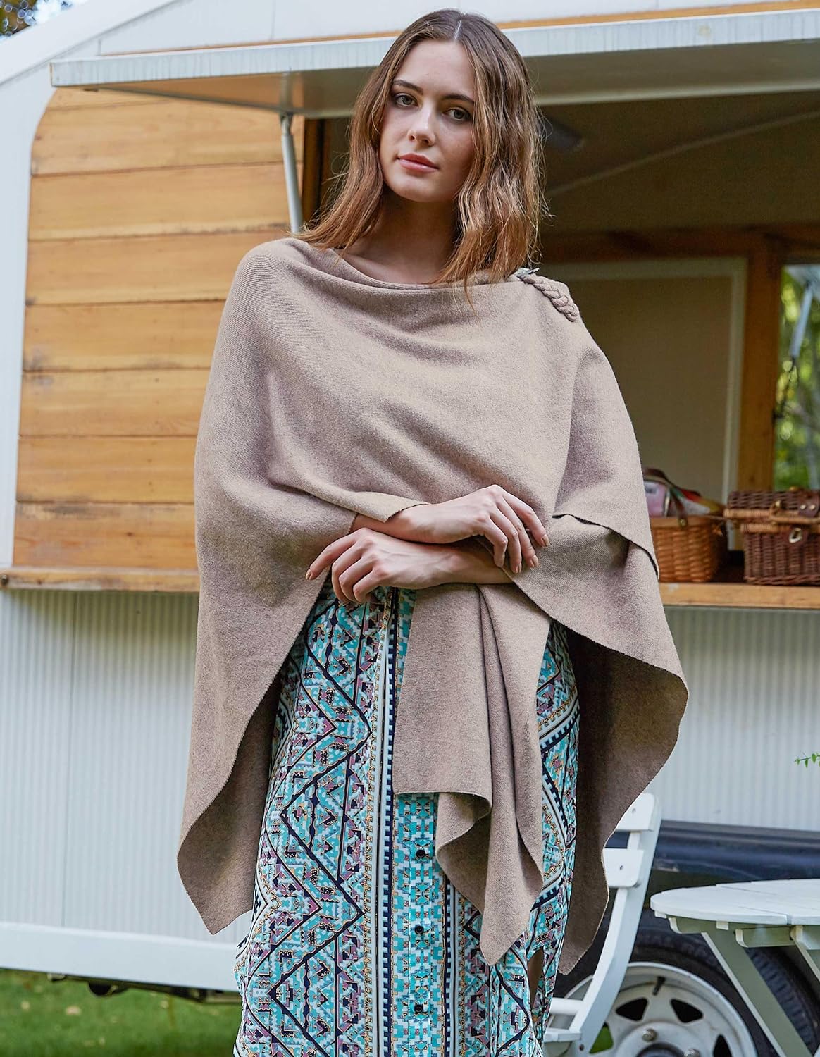 Womens Large Cross Front Poncho Sweater Wrap Topper Knitted Elegant Shawls Cape for Fall Winter