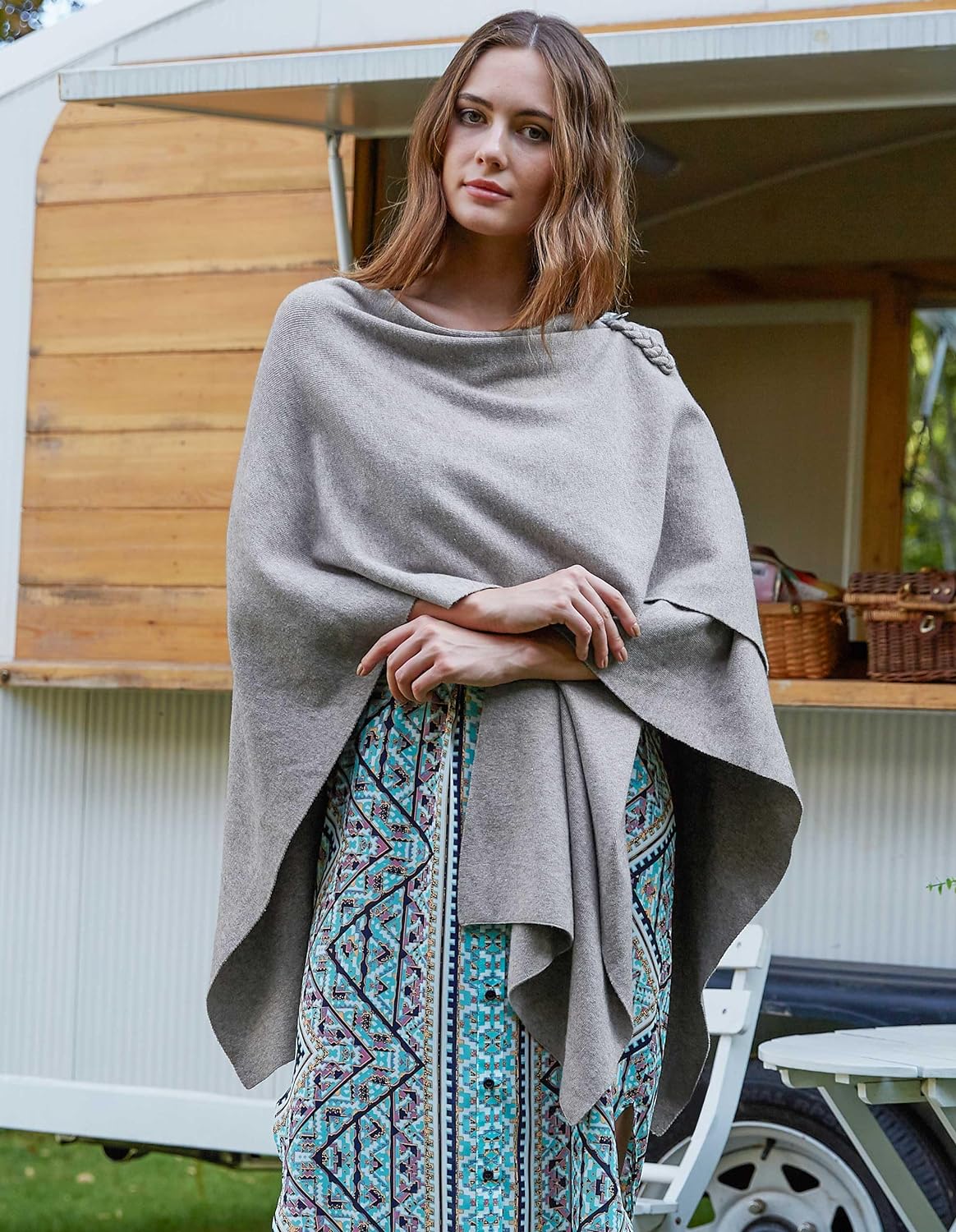 Womens Large Cross Front Poncho Sweater Wrap Topper Knitted Elegant Shawls Cape for Fall Winter