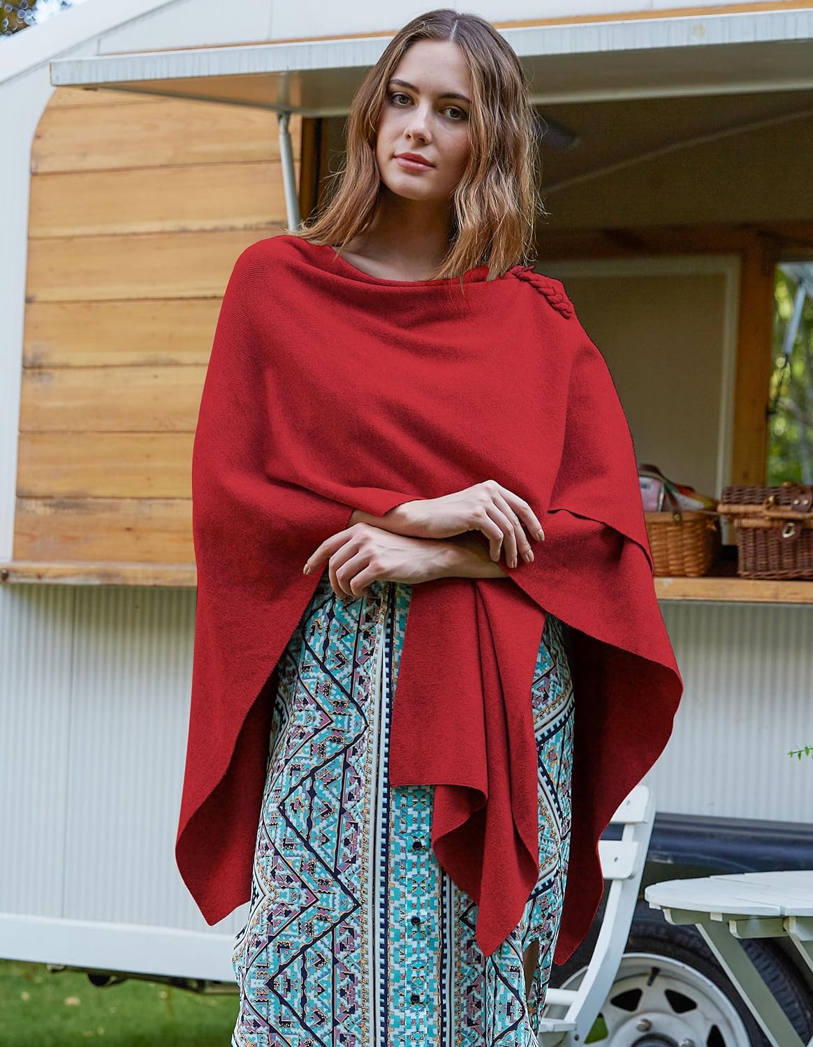 Womens Large Cross Front Poncho Sweater Wrap Topper Knitted Elegant Shawls Cape for Fall Winter