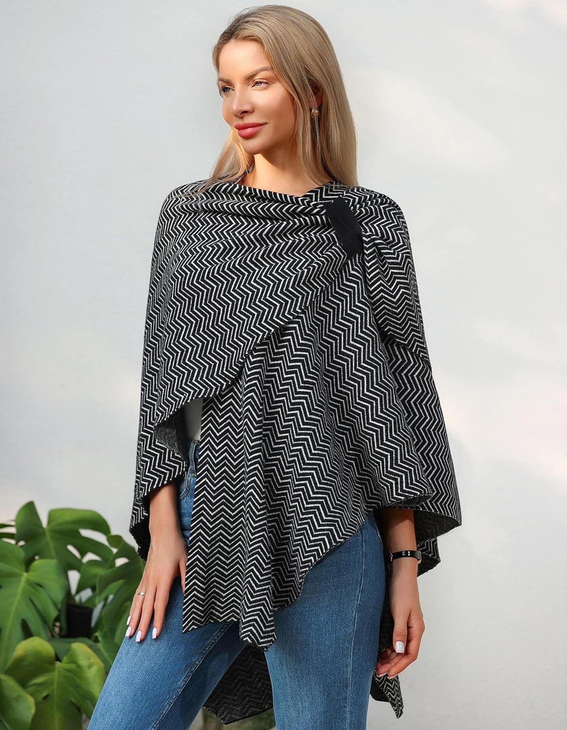 Womens Large Cross Front Poncho Sweater Wrap Topper Knitted Elegant Shawls Cape for Fall Winter