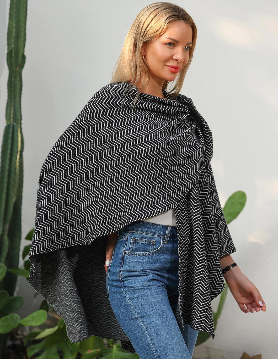 Womens Large Cross Front Poncho Sweater Wrap Topper Knitted Elegant Shawls Cape for Fall Winter