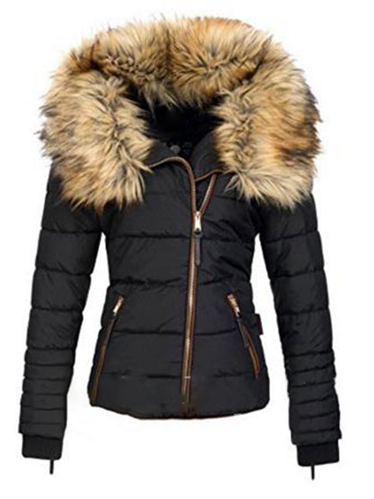 Faux fur collar zipper patchwork women's coat